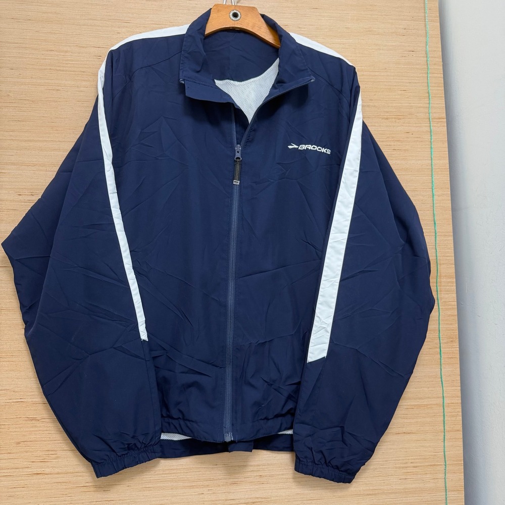 Brooks Mens Navy Blue White Stripe Full Zip Running Jacket MJ480 Windbreaker